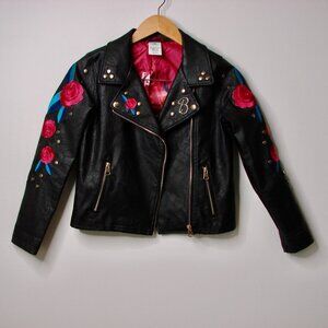 Disney Belle Beauty and the Beast Black Faux Leather Jacket Moto Size 11 / 12